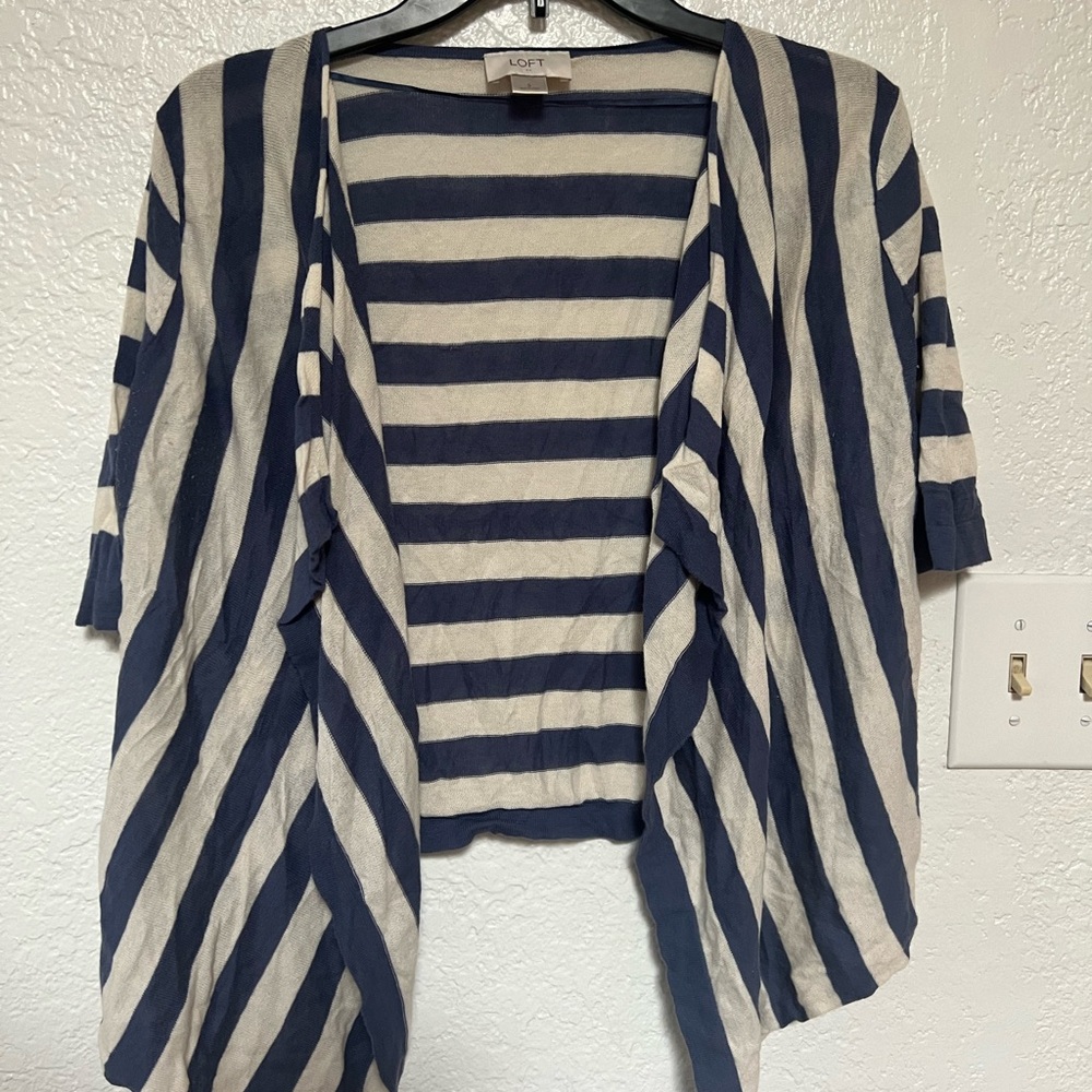 LOFT Navy and Cream Striped Open Cardigan
